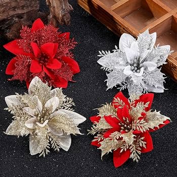 3 Pcs Artificial Christmas Decorating Flowers in Silver and Red
