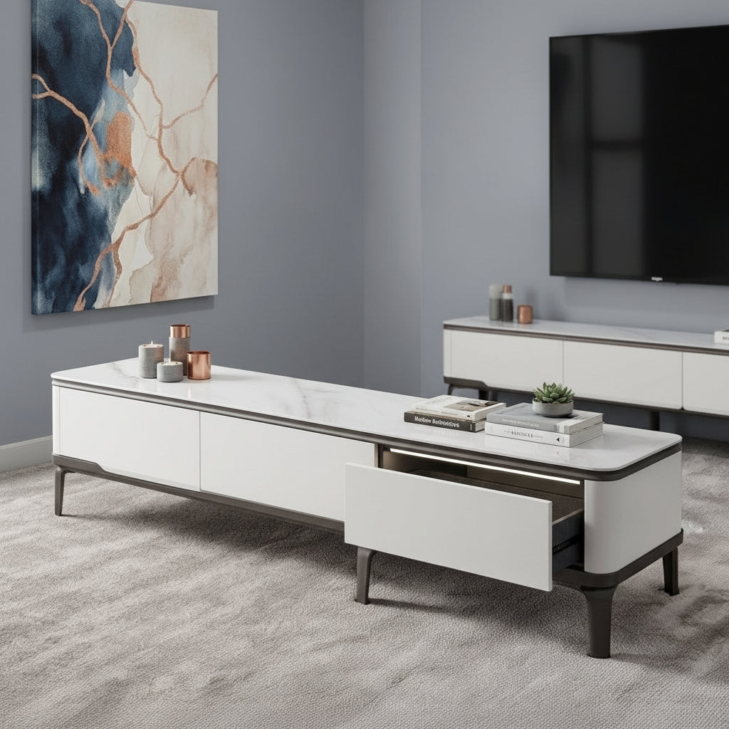 White TV stand with shelves for TV and media storage