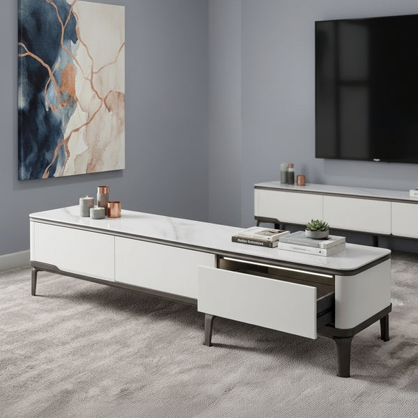 White TV stand with shelves for TV and media storage