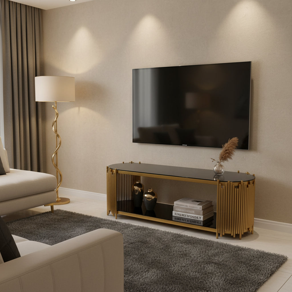 Gemelli Collections TVM 1401 TV stand media console with black tempered glass top, gold stainless steel vertical rod frame, open glass shelf, and oval elongated design.