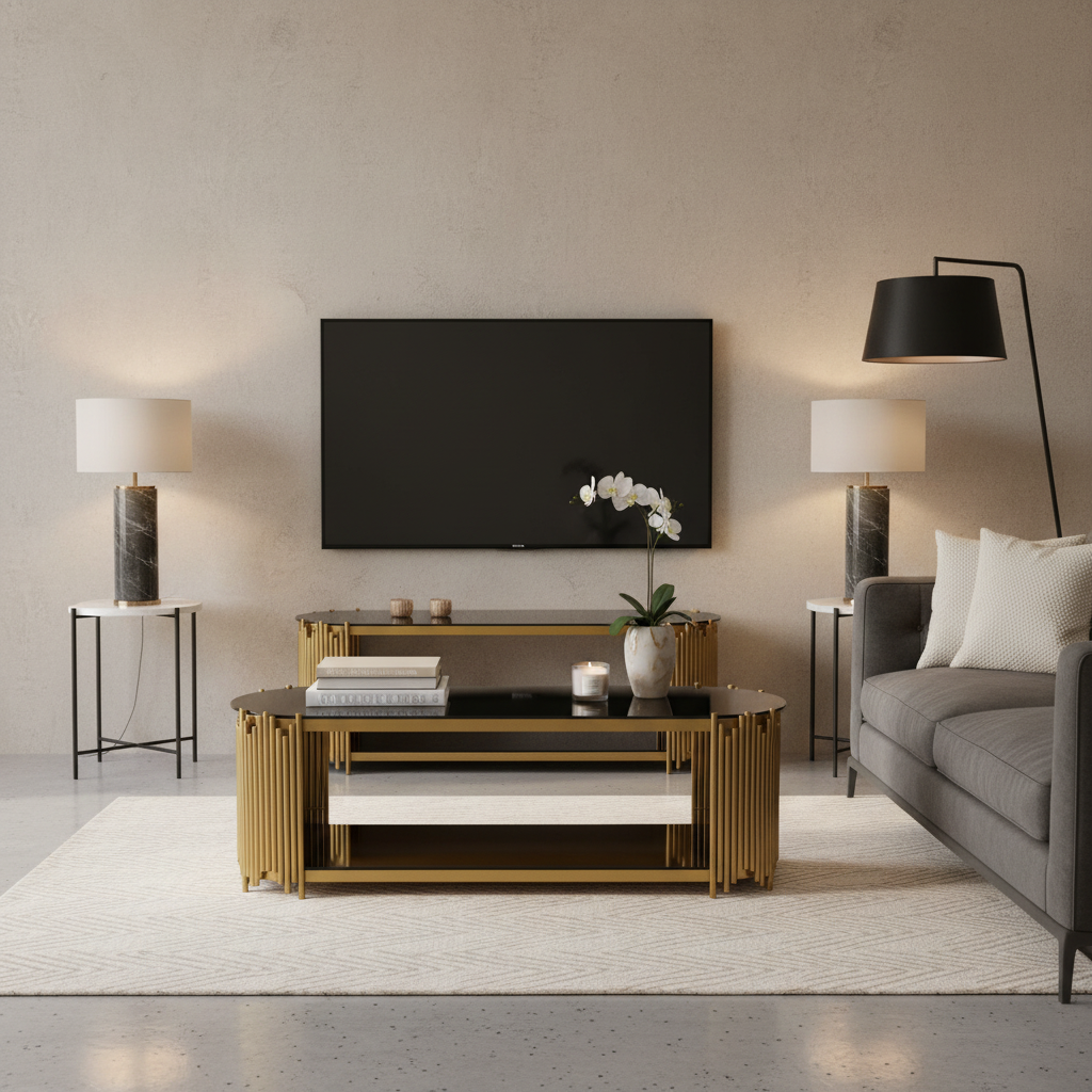 Gold Steel and Black Glass TV Stand Media Console -1401