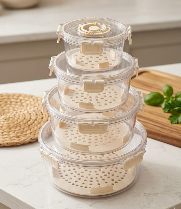 Gemelli Colllection 4pcs circular food grade eco friendly moisture proof fridge freezer storage containers set airtight round food storage boxes 5.6L 3.3L 1.5L 500ml reusable kitchen organisers stackable food containers meal prep storage bins modern fridge organisation set