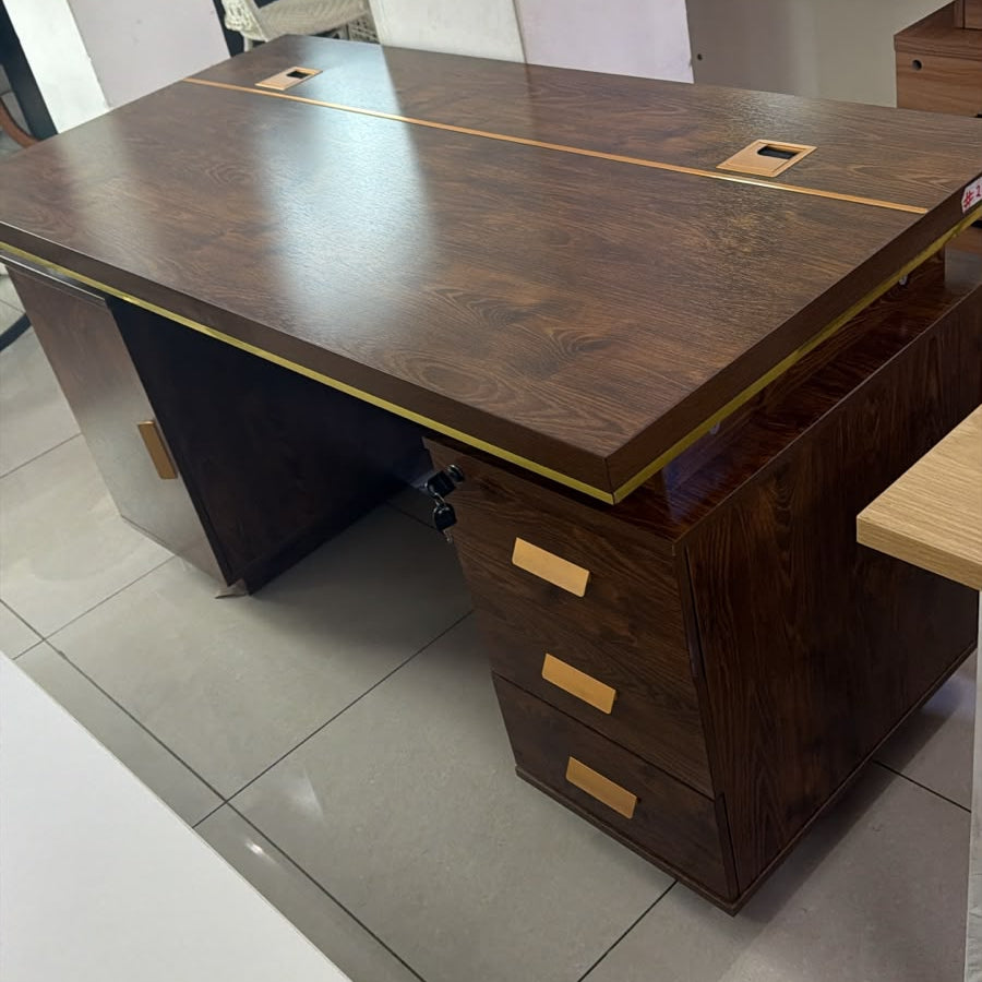 1.4 Metres Dark Wallnut Office Desk with Storage and Gold Accents