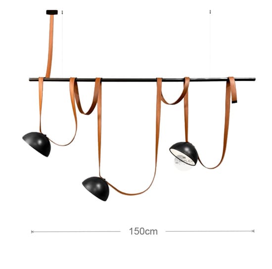 Linear pendant light with black metal bar three dome shades and leather strap suspension for dining table and kitchen island lighting