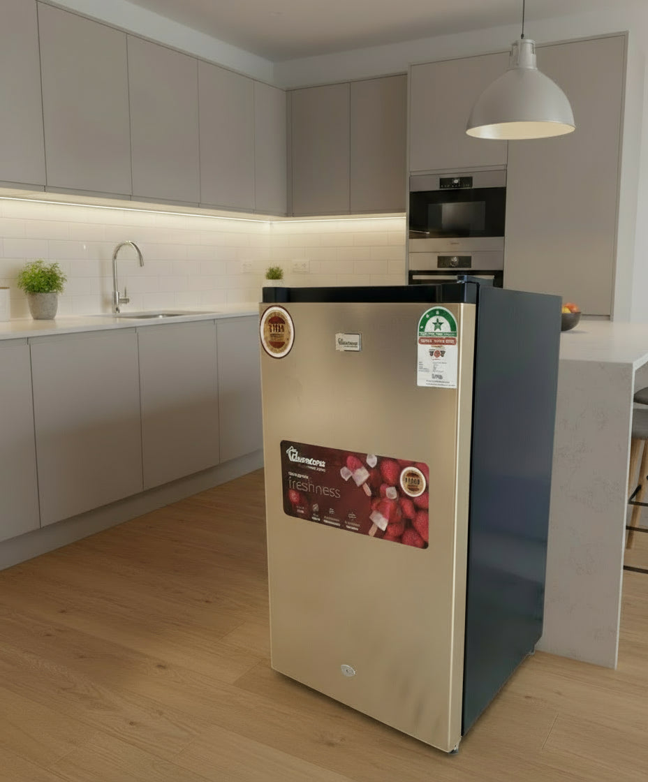 Inox 90l single door fridge with adjustable thermostat and lockable door