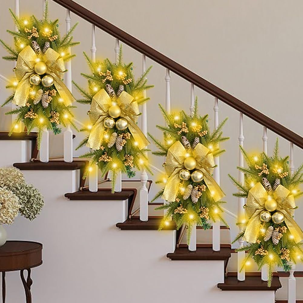 Christmas Staircase Swag Wreath with LED Lights and Ornaments