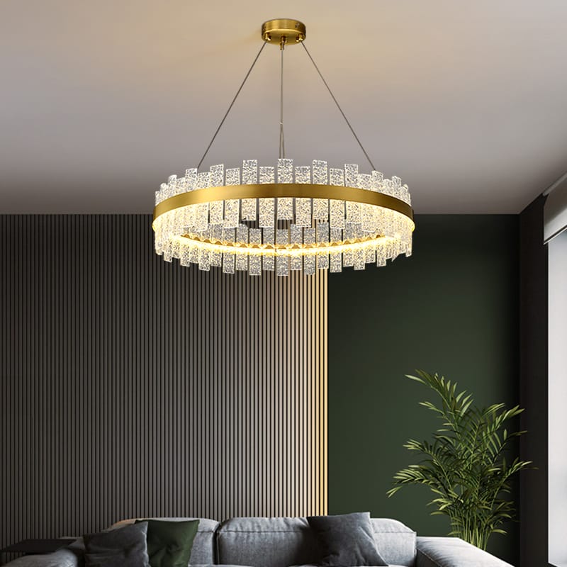 Gold crystal halo ring chandelier with double-layer K9 crystal blocks and integrated LED lighting for modern luxury interiors.
