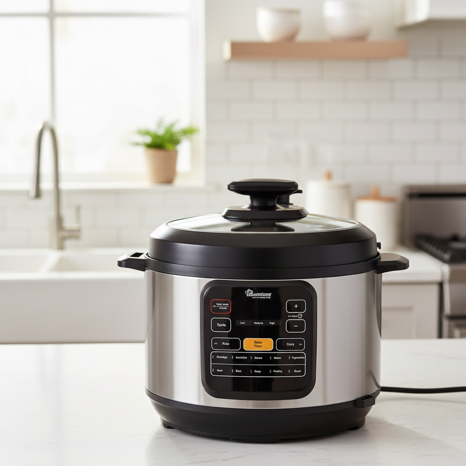 Electric pressure cooker with stainless steel housing, digital LED display, and 12 cooking settings