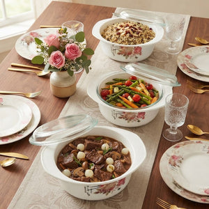 3-piece flowered casserole dishes set in 1.0L, 1.5L and 2.5L sizes.