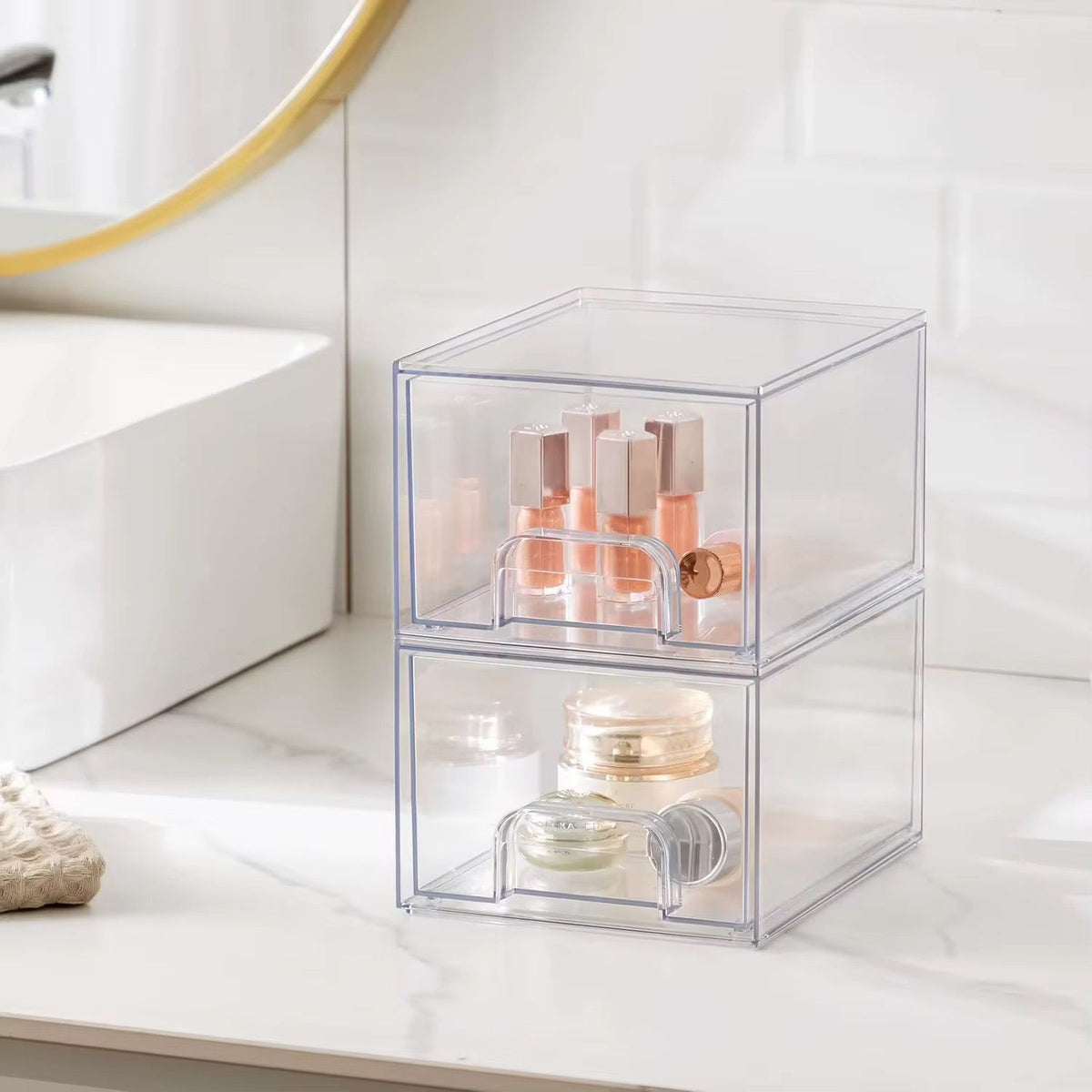 2PC Clear Stackable Bathroom and Fridge Organizer, Space-Saving Storage Containers for Toiletries, Cosmetics, and Food Items