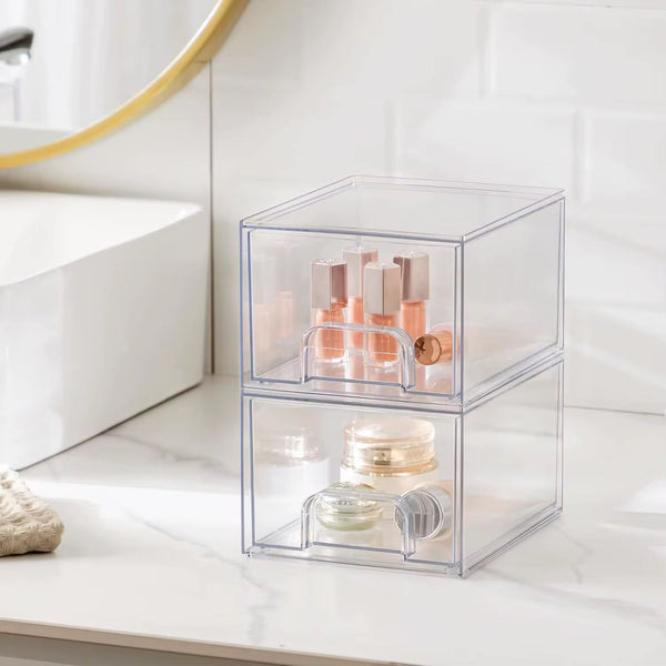 2PC Clear Stackable Bathroom and Fridge Organizer, Space-Saving Storage Containers for Toiletries, Cosmetics, and Food Items