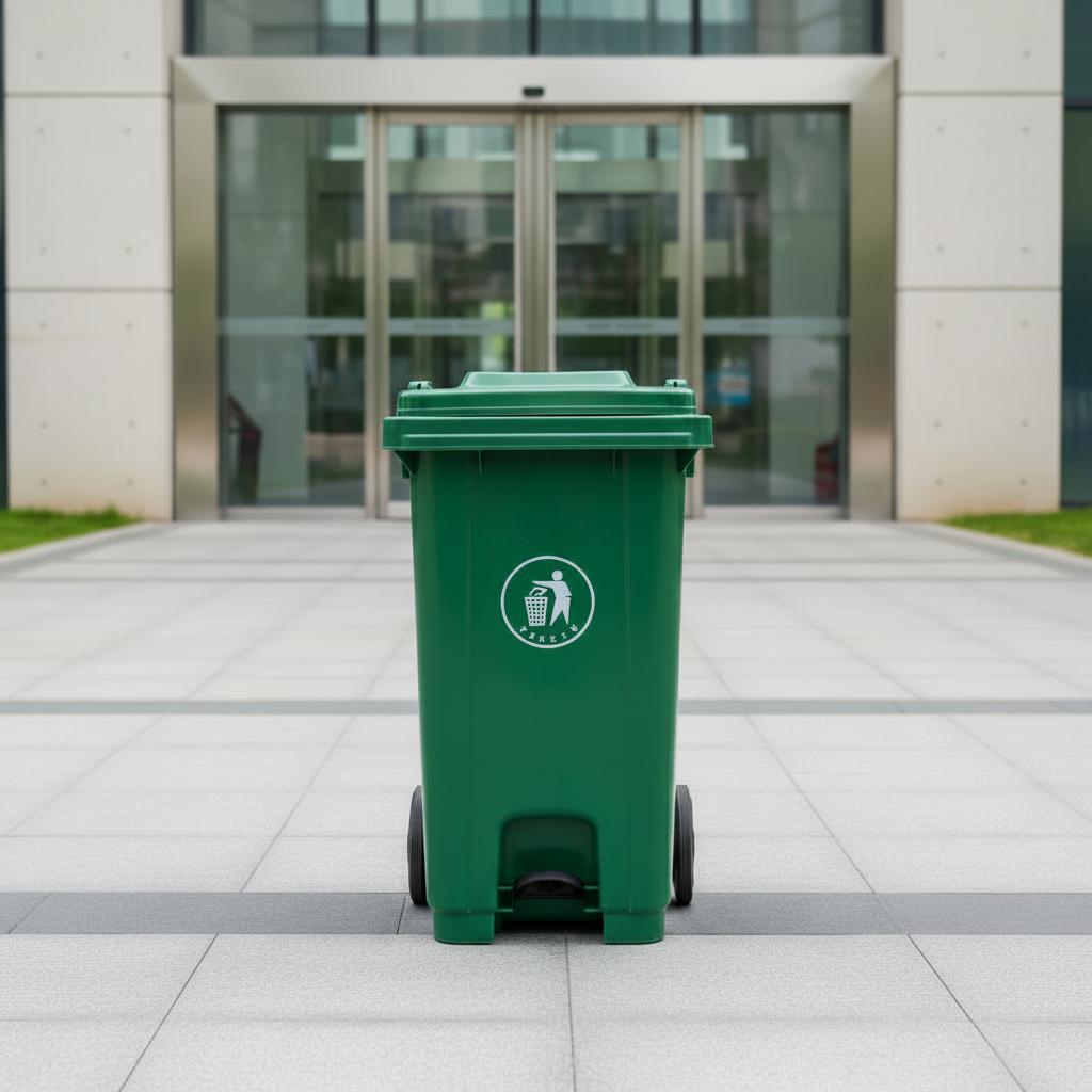 BA 120-litre trash bin with wheels and pedal available in black, red, green, and blue for hygienic indoor and outdoor waste management.