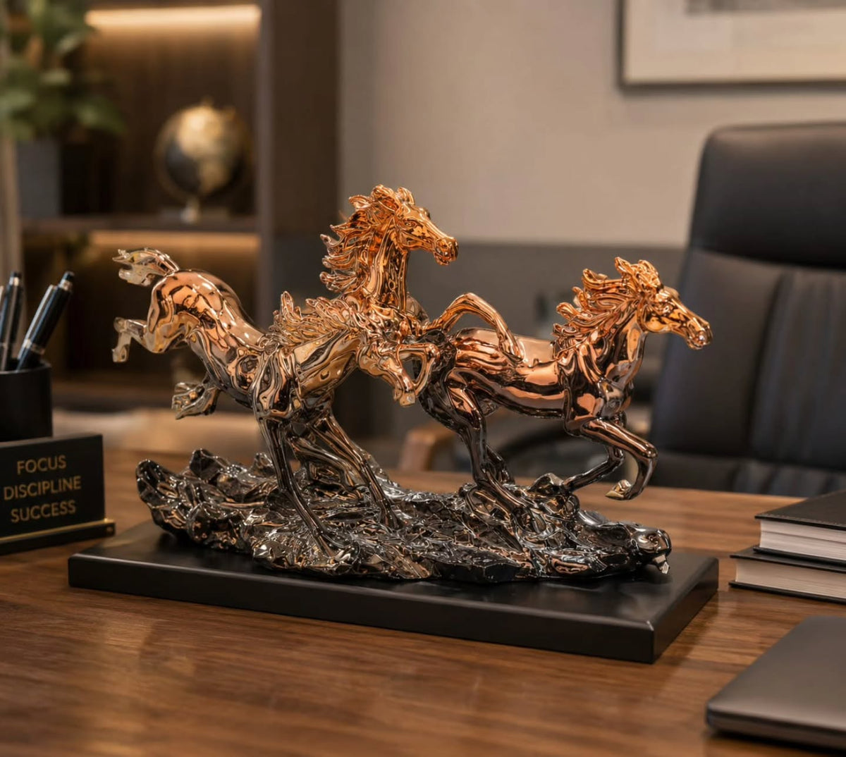 Gemelli Colllection resin black gold running horse decorative sculpture luxury home decor figurine dynamic horse statue modern office desk ornament symbolic success artwork elegant animal sculpture resin decorative piece for shelves console table living room décor premium black and gold horse figurine interior styling accent decor sculpture