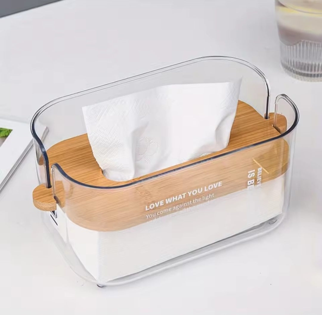 Acrylic and bamboo serviette holder for organising and displaying serviettes on dining tables, kitchen countertops, restaurants, and serving areas