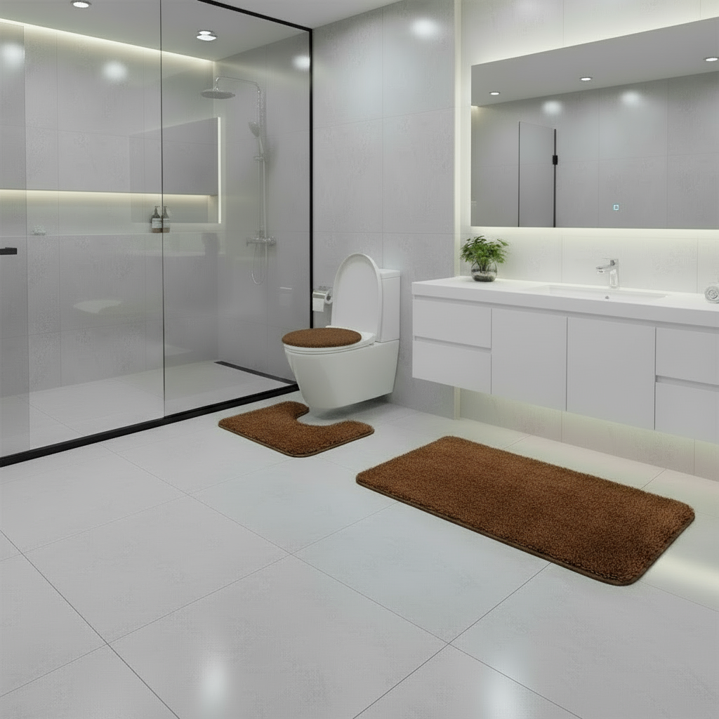 3-piece fluffy toilet mat set with seat cover, contour rug, and non-slip floor mat