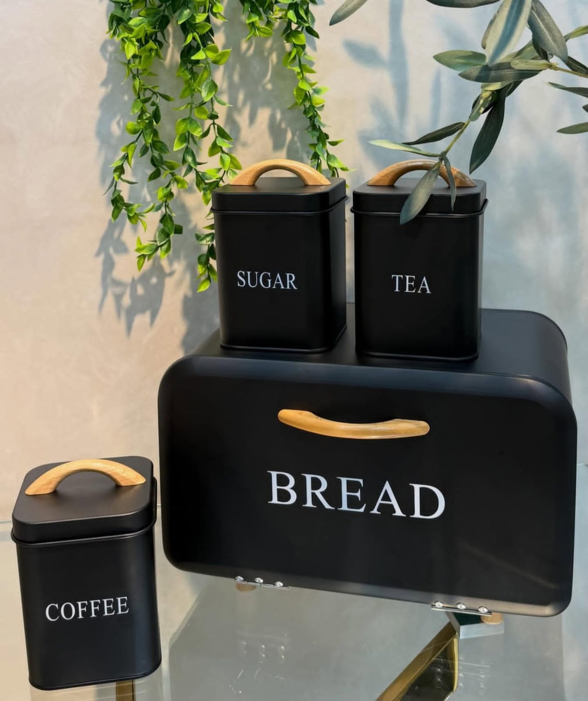 4 Piece Bread Bin and Tea Coffee Sugar Canister Set