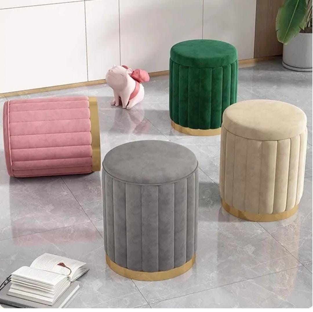 Velvet pouf ottoman stool with hidden storage, measuring 43 × 30cm, available in grey, green, cream and brown.