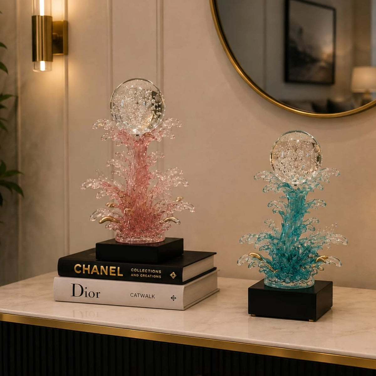 Resin ocean wave water splash sculpture featuring a flowing wave inspired design for decorative interior display