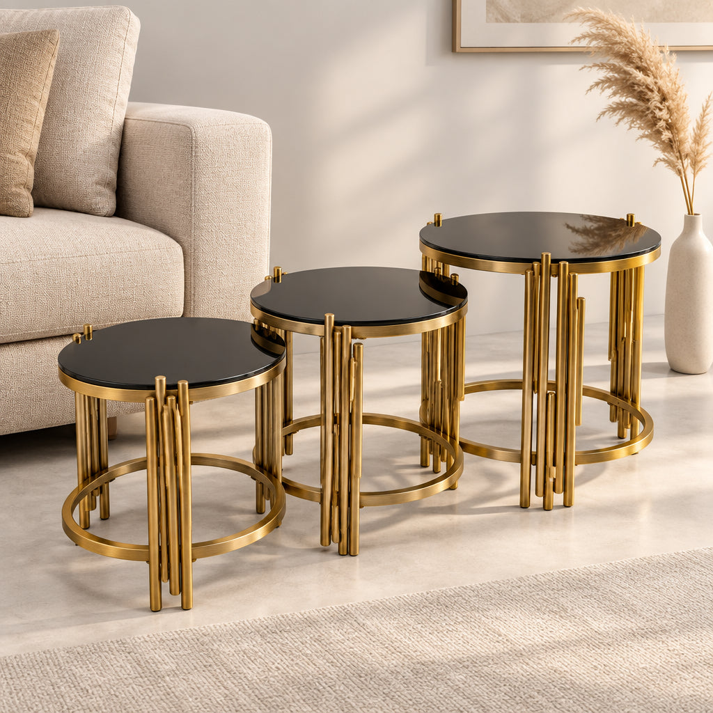 3-Piece Round Black Glass Nesting Side Table Set with Gold Frame – FCT 001