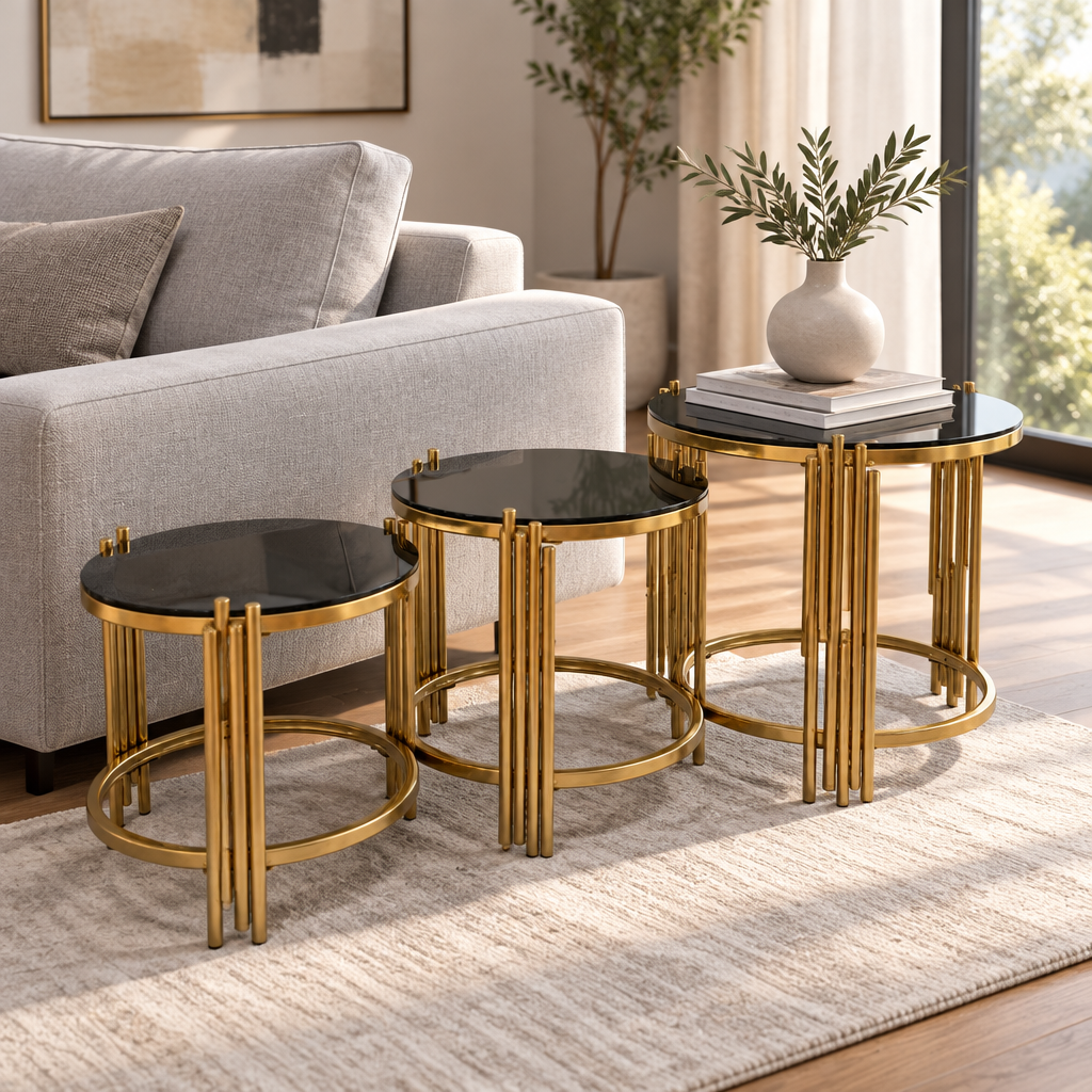 3-Piece Round Black Glass Nesting Side Table Set with Gold Frame, black tempered glass top - available in Nairobi, Kenya