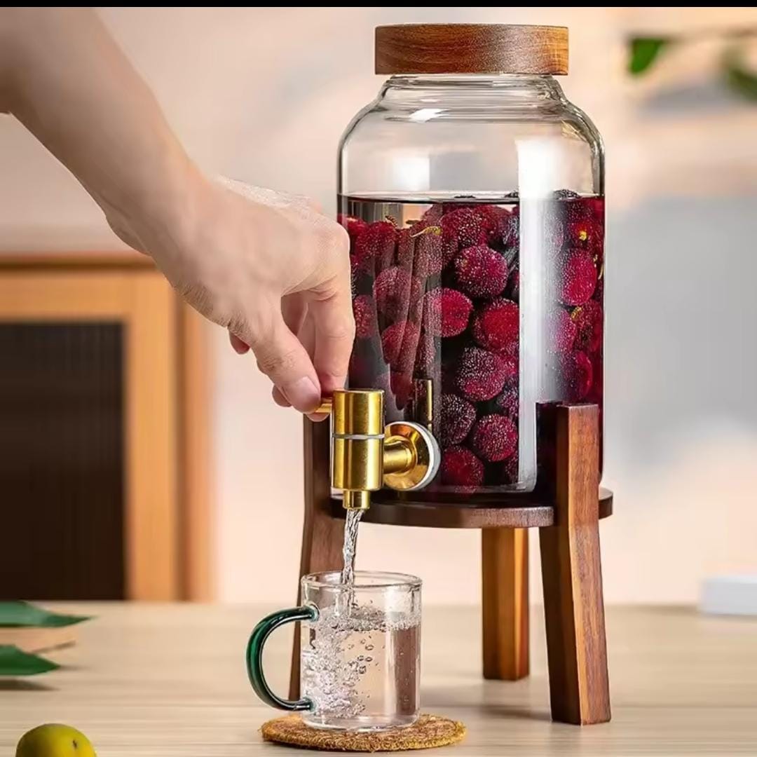 Glass Juice Beverage Dispenser with Bamboo Stand