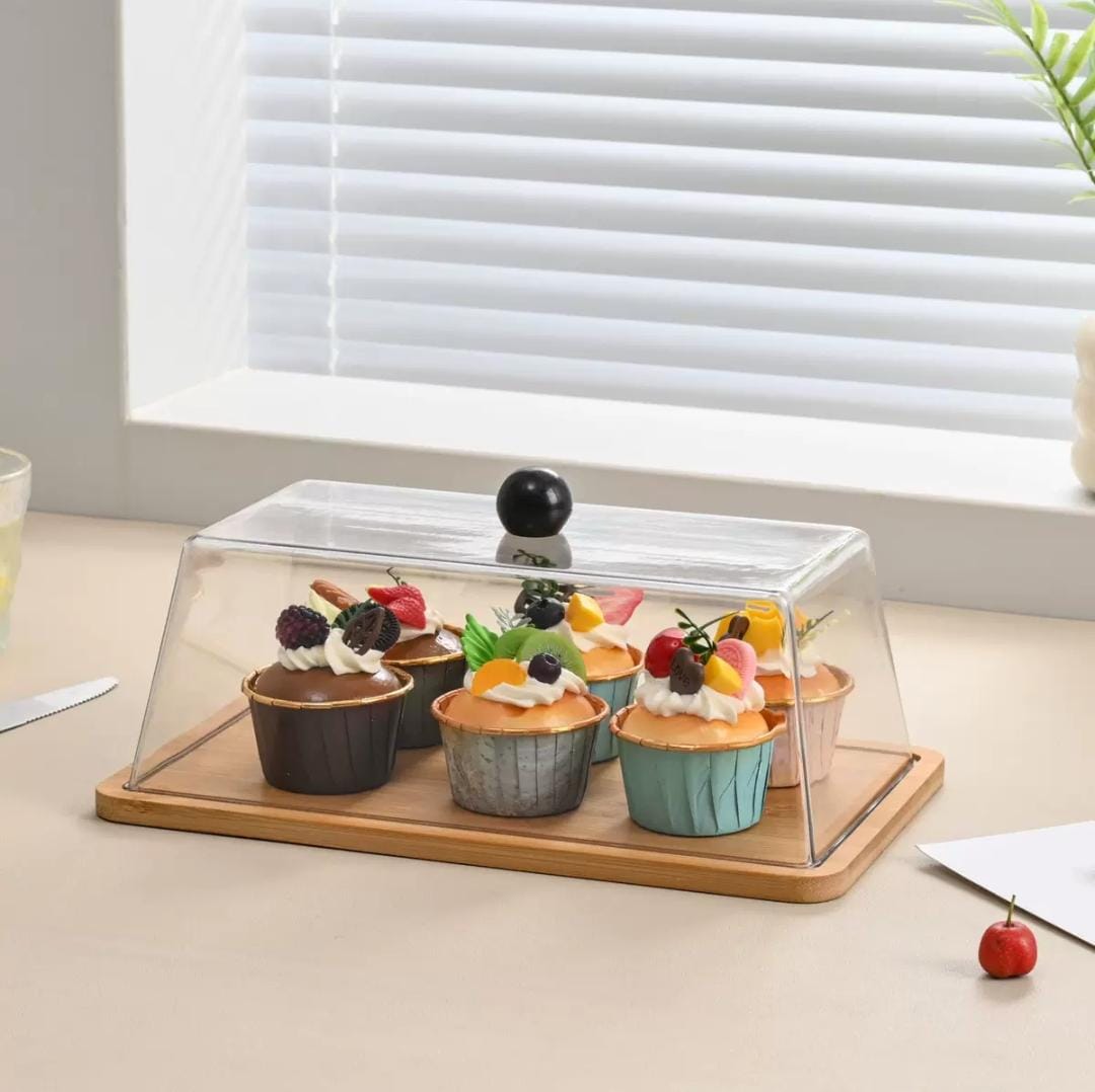 Gemelli Colllection rectangular cake and bread box acrylic top bamboo base for kitchen storage and countertop display