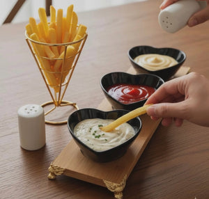 Gemelli Collections 3 piece heart shaped black ceramic bowl set with bamboo serving tray for dips, snacks, sauces and condiments.