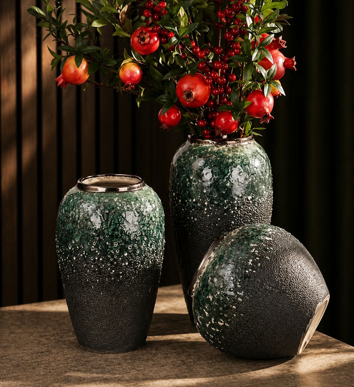 Gemelli Colllection dark green and gold accent vase set 3pcs luxury decorative vases modern home décor flower vase set shelves console coffee table office styling elegant green gold vases