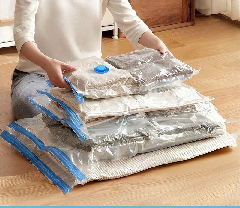 5 piece vacuum storage bags set with pump waterproof compression storage bags space saving vacuum seal bags for clothes blankets duvets pillows travel luggage organiser