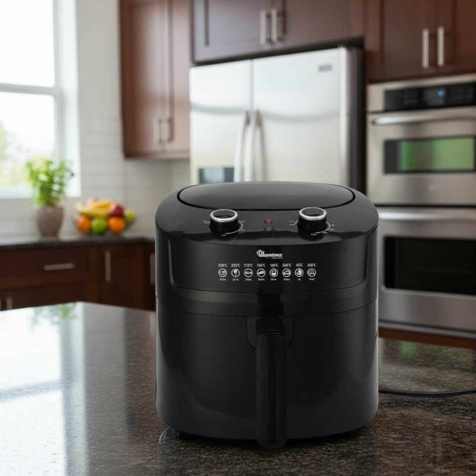 Black 6L manual air fryer with non-stick detachable drawer and adjustable temperature control