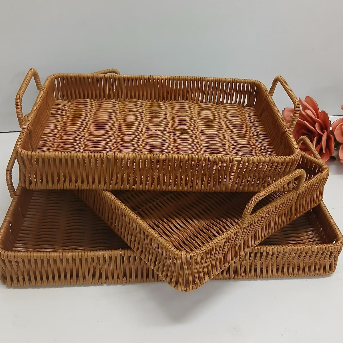 3-Piece Handmade Rattan Trays with Handles