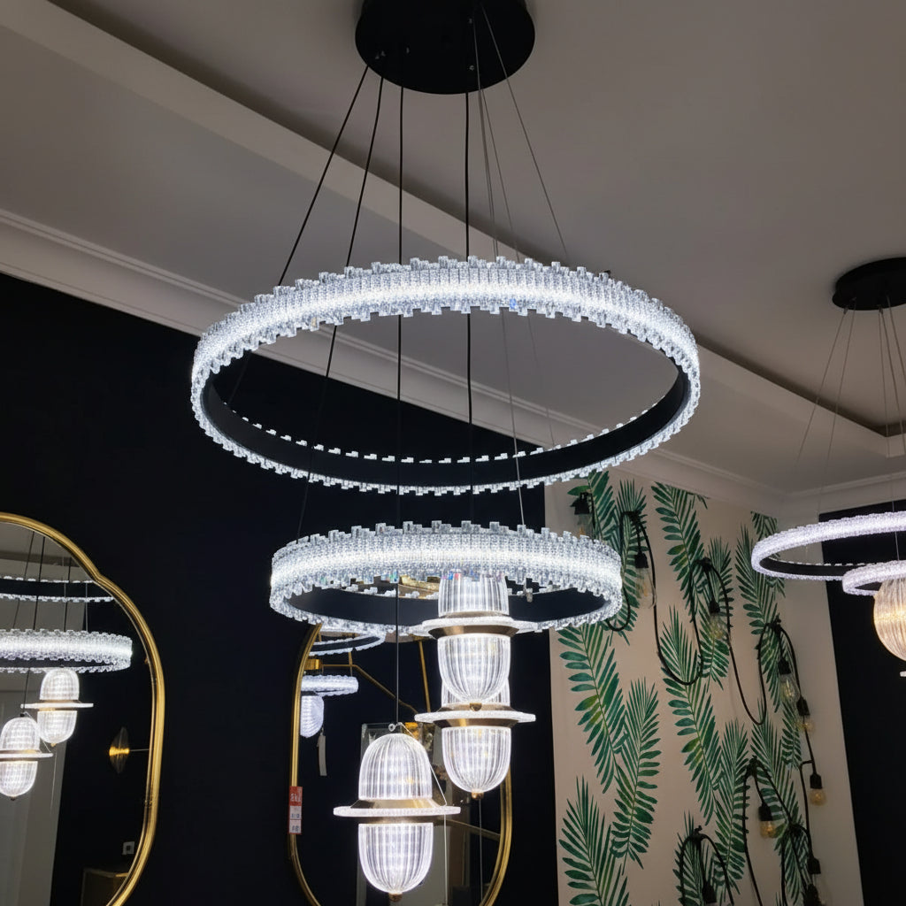 Double ring black crystal chandelier with hanging ribbed glass globes and integrated LED lighting in a modern luxury design.