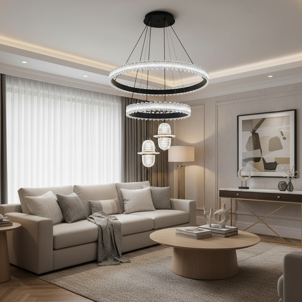 Double Ring Crystal Chandelier with Hanging Globes
