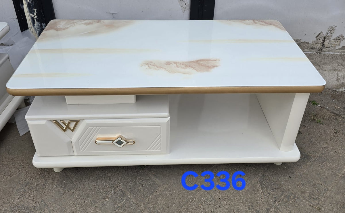 White and Beige Marble-Effect Top with Gold Trim and Storage 100x60cm