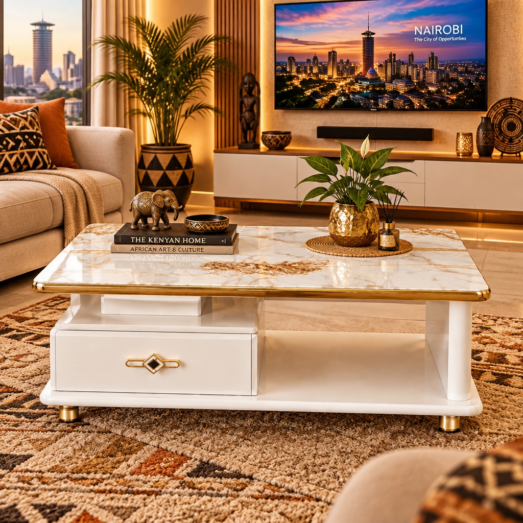 White and Beige Marble-Effect Top with Gold Trim and Storage 100x60cm