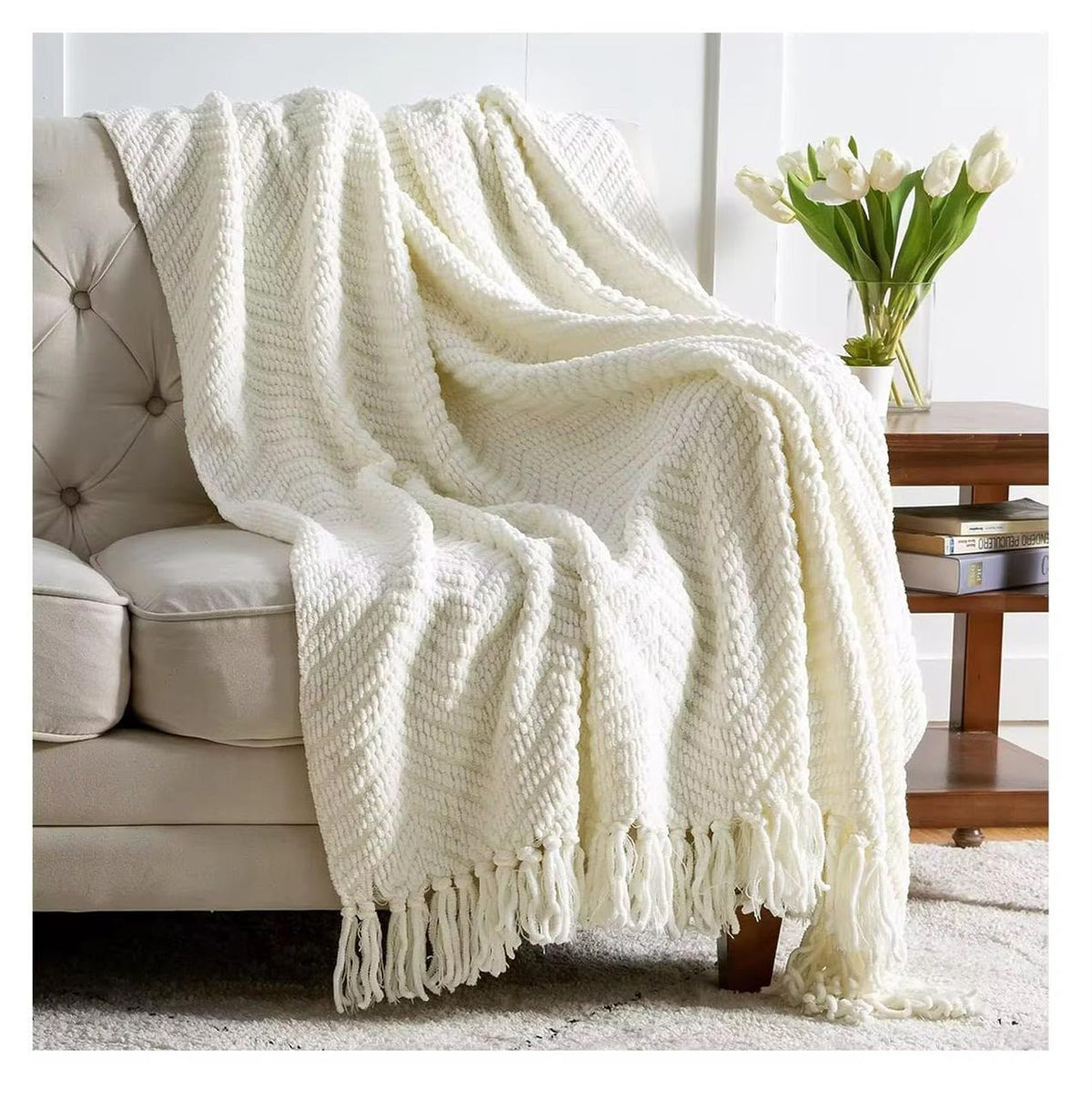 Knitted Heavy Throw Blanket with Tassels