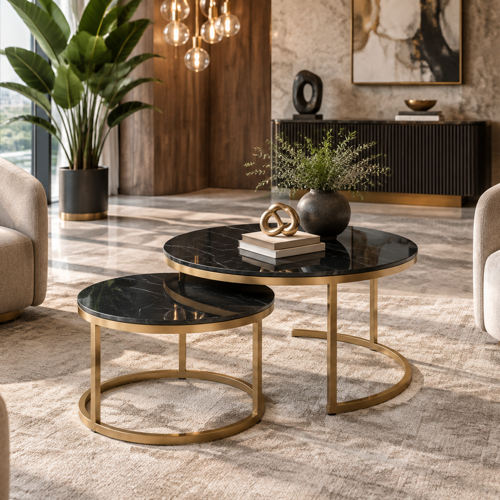 2-Piece Round Black Marble-Pattern Nesting Coffee Table Set – FCT 1008-1