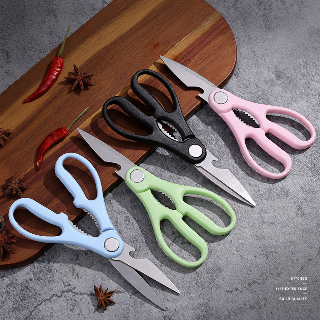 Kitchen scissors available in black, blue, pink, white and green