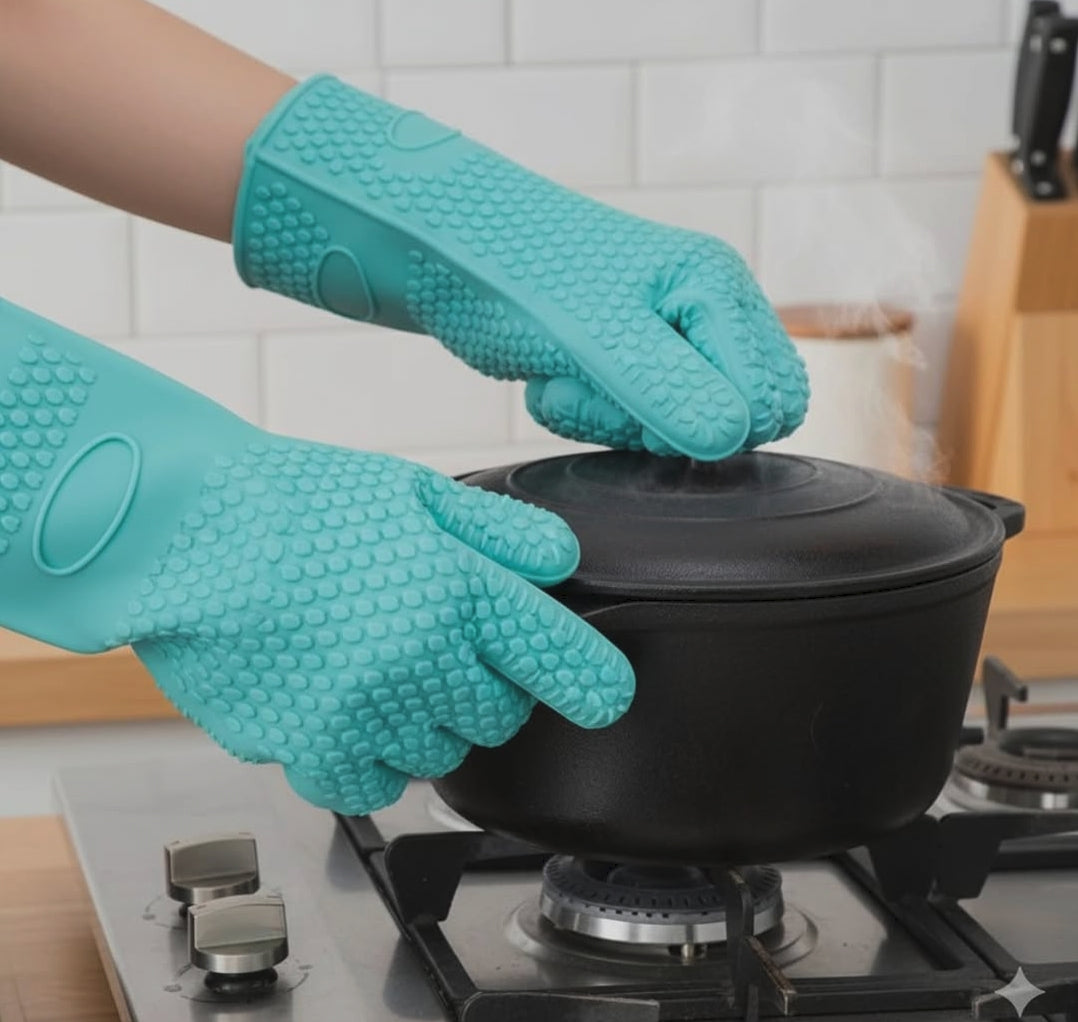 Gemelli Collections light green silicone oven gloves with heat resistant protection for baking, grilling and handling hot cookware.