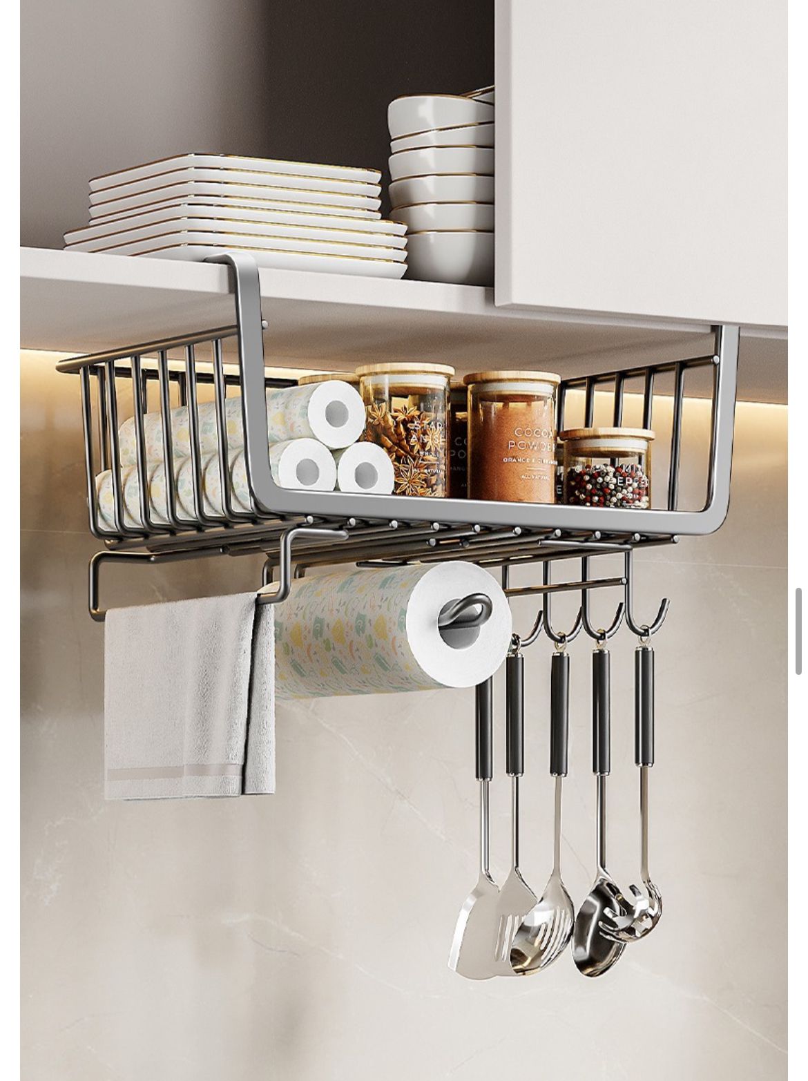 4 in 1 metallic under shelf rack with hooks space saving storage organiser black white under cabinet basket rack