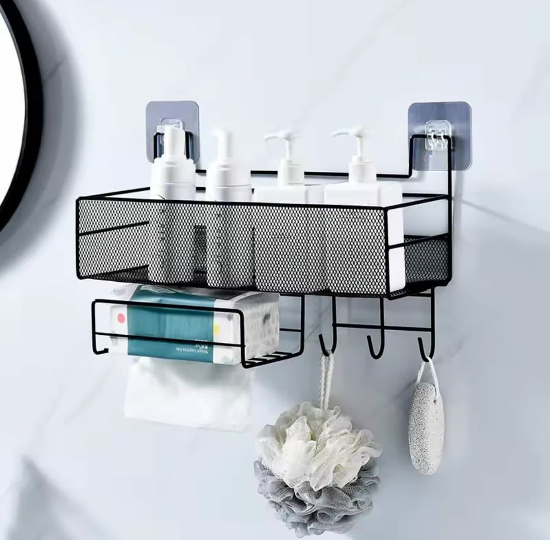 Mesh bathroom wall rack organiser with bottom hooks and adhesive stickers for storing toiletries, towels, brushes, and bathroom accessories, available in black and white