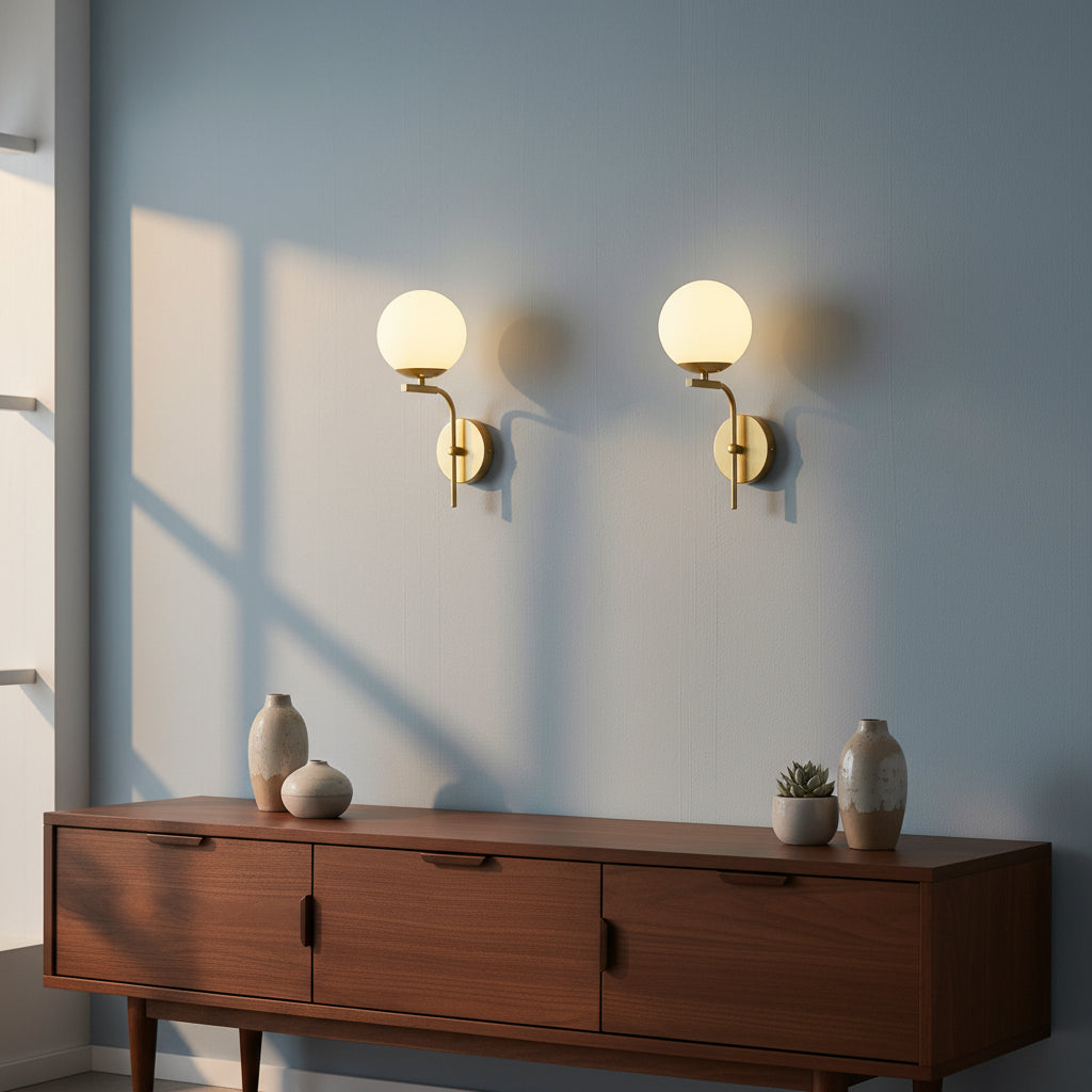 Golden and white wall lamp with iron frame and glass shade, E27 indoor lighting fixture