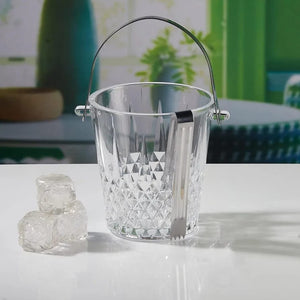 900ml clear glass crystal-style ice bucket with gold detailing, handle and matching tongs for holding and serving ice at dining tables, home bars, parties and gatherings.