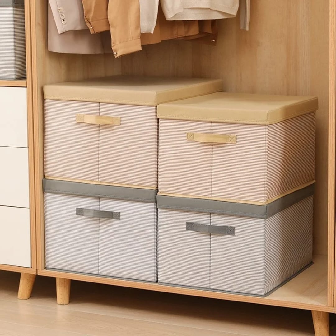 Closet organiser storage box with lid measuring 40cm x 30cm x 25cm in grey and cream beige for wardrobe and household organisation