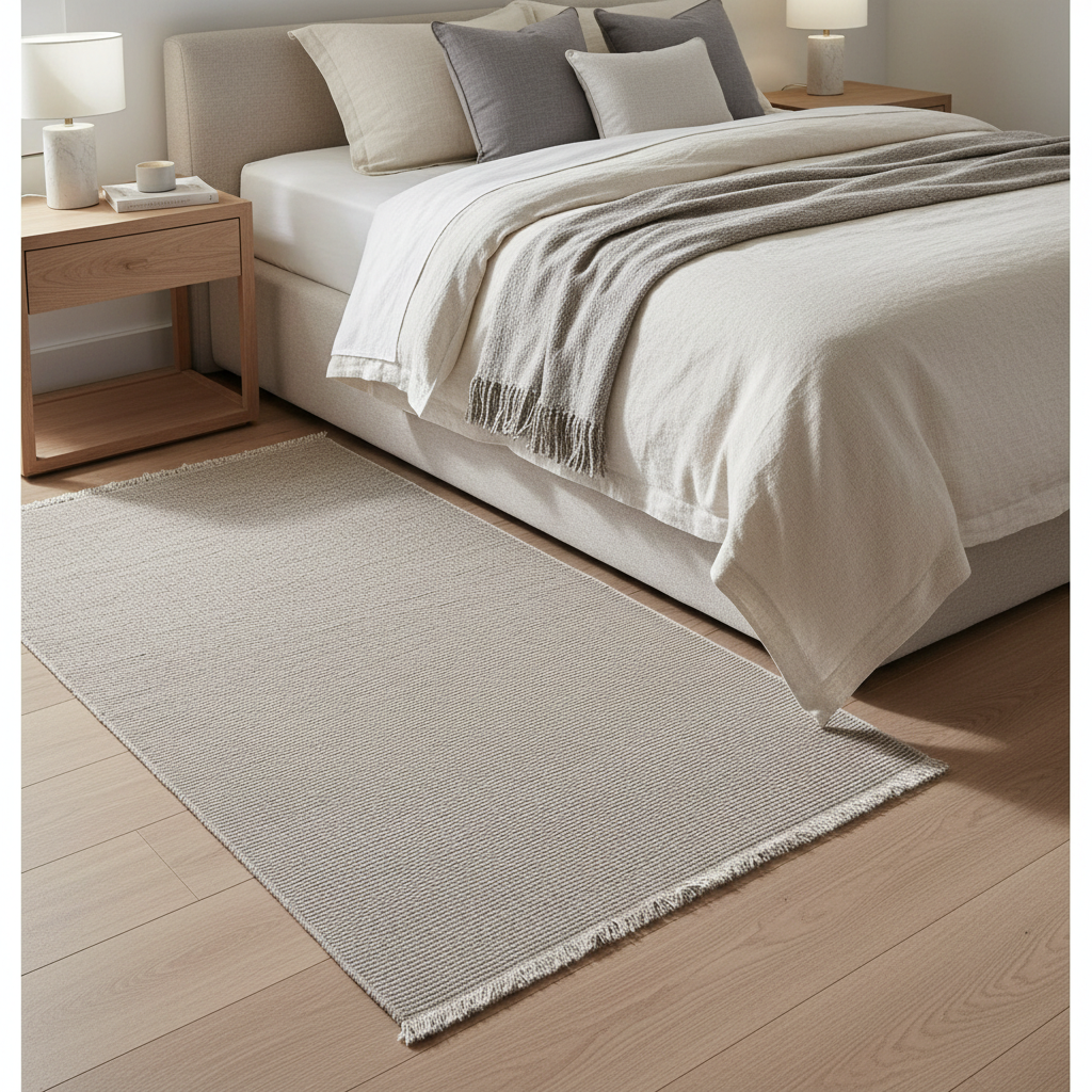 Gemelli Collections Oriental Weavers Fuwwa KBORIE218 solid taupe greige corded ribbed jute look rug with fringe.
