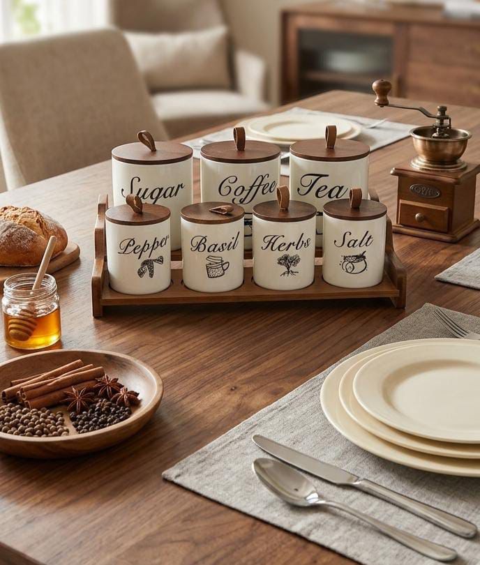 8-Piece Ceramic Canister Set with Bamboo Lids and Tray – Ribbed Kitchen Storage Jars for Tea, Coffee, Sugar, Spices, and Pantry Organisation