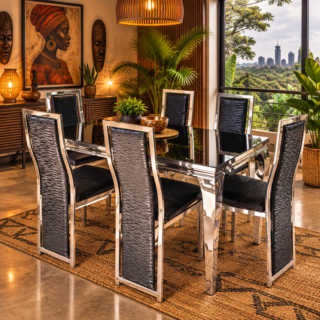 6-Seater  Marbletop  Dining Set with Black Chairs