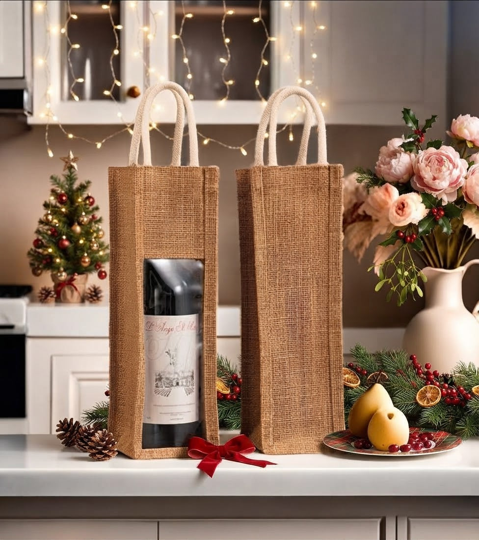 Rustic Christmas Jute Rope Wine Bottle Bag