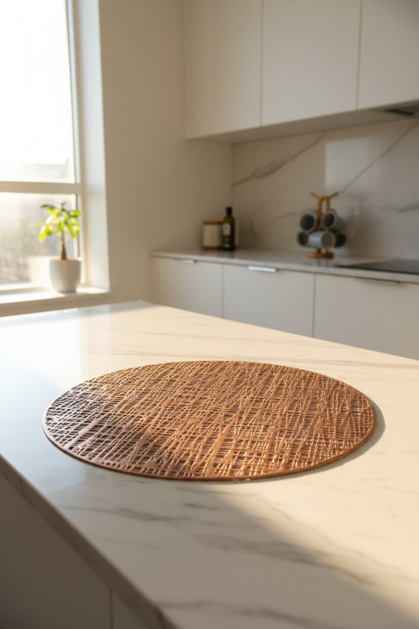 6 piece round table mat set in gold silver and rose gold designs. 