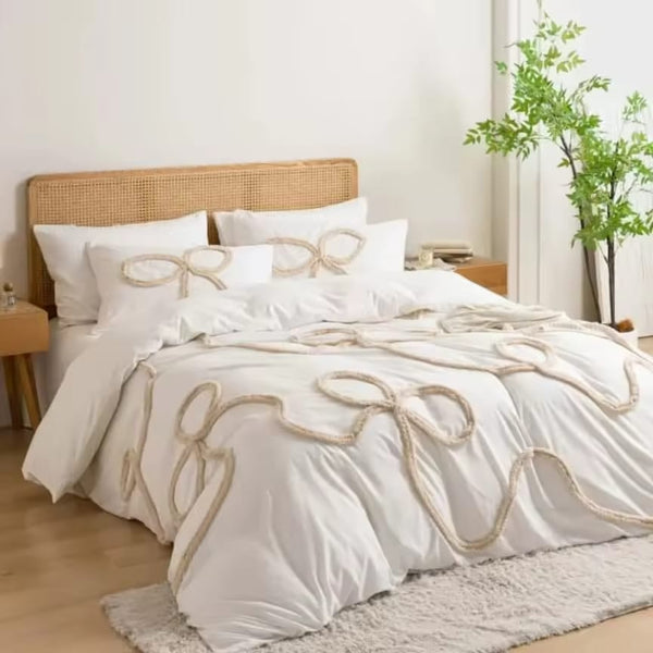 Bowknot tufted soft cotton microfibre duvet cover set with one duvet cover and two matching pillowcases in 6×7 and 6×6 sizes